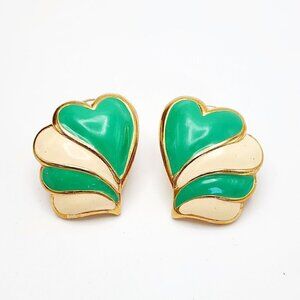 Vintage Teal Turquoise Blue & Cream Heart Retro Mod Enamel Stud Earrings